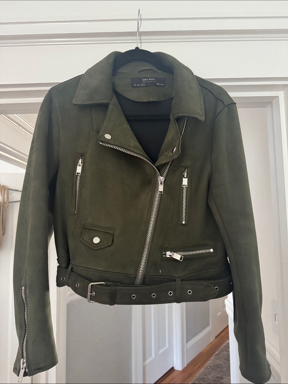Cropped Zara Olive Green Suede Moto Jacket with Silver Hardware